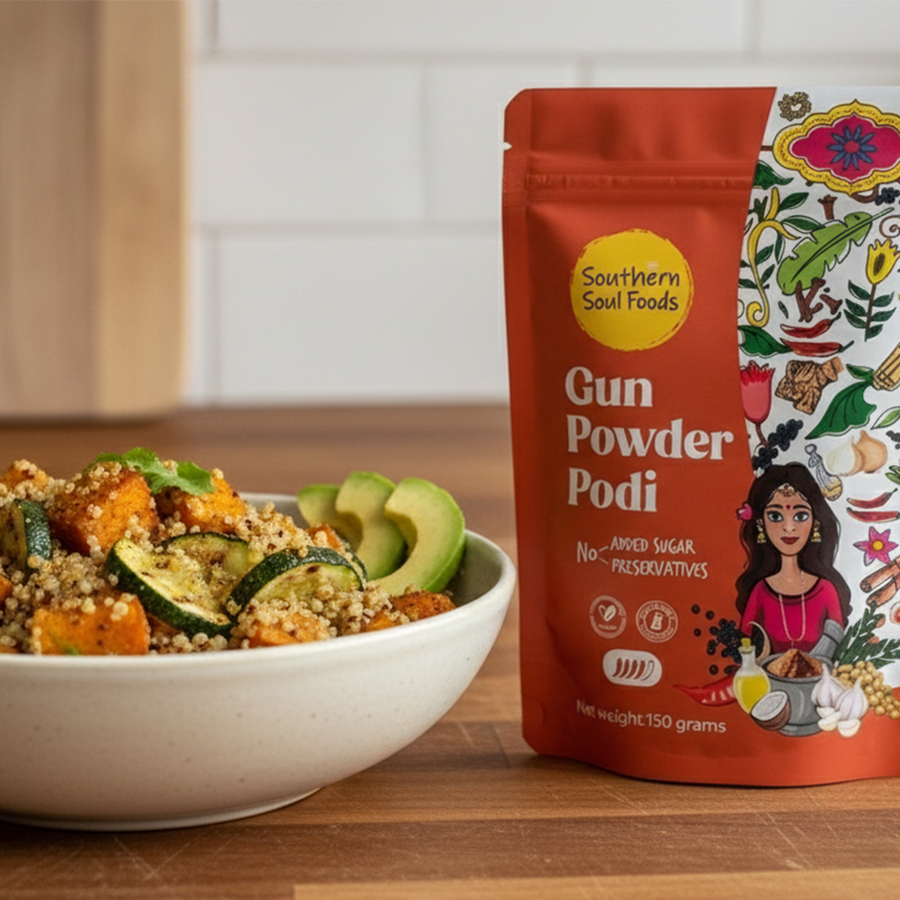 Gunpowder Quinoa Bowl with Roasted Veggies