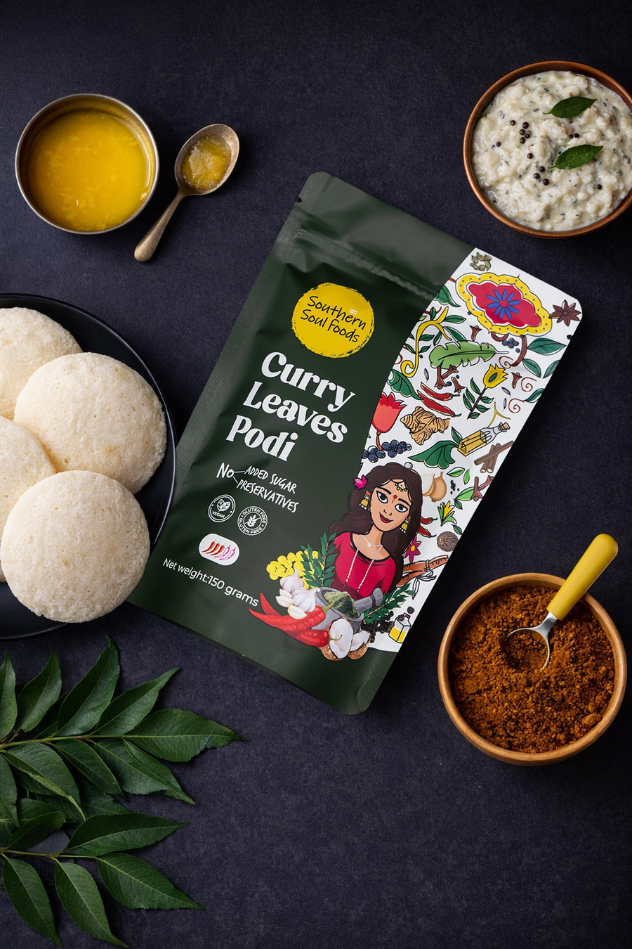 Idli + Curry Leaves Podi + Ghee