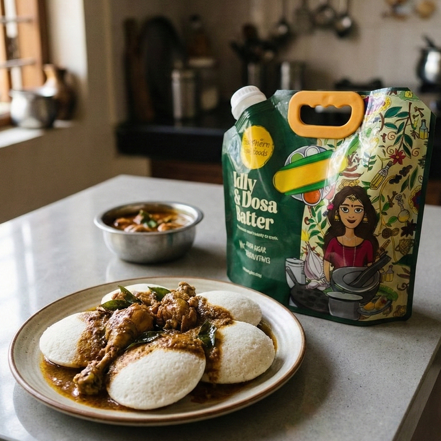 Idly with Madras Chicken Curry