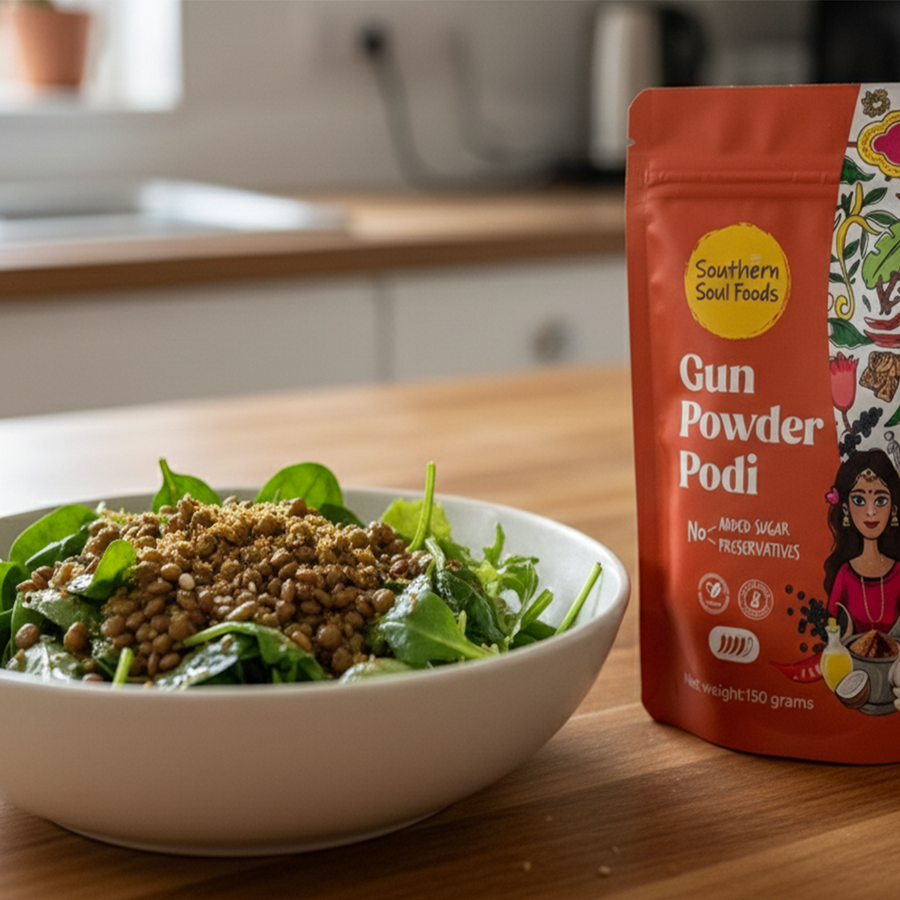 Lentil & Greens Salad with Podi Dressing